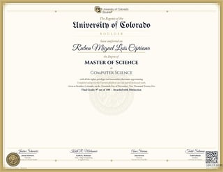 University of Colorado Master of Science degree in Computer Science diploma for Ruben Miguel Luis Espinano