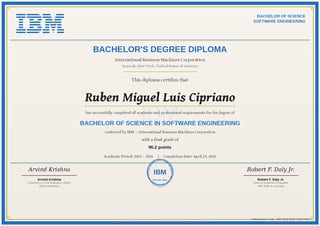 IBM Bachelor of Science diploma in Software Engineering awarded to Ruben Miguel Luis Cipriano