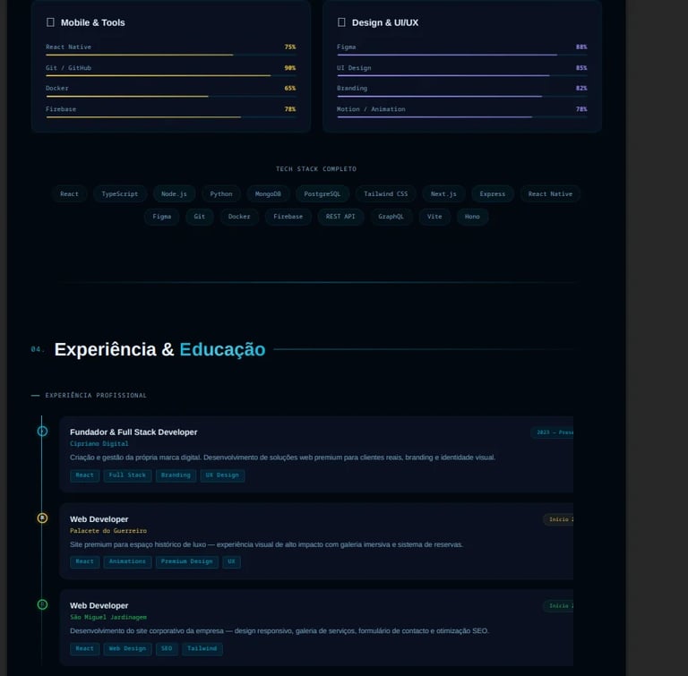 Portfolio website showing skills in Mobile & Tools, Design & UX/UX, and work experience