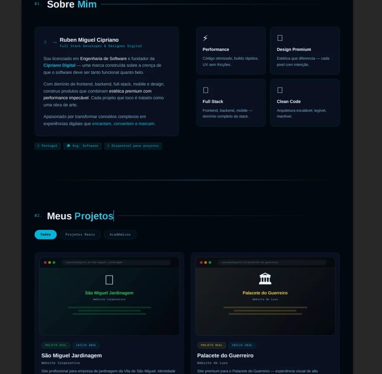 Portfolio website showing About section for Ruben Miguel Capuano with skills and projects